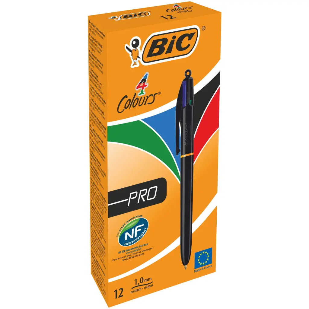 BIC 4 Colours Black Barrel Pro Ball Pen Pack of 12