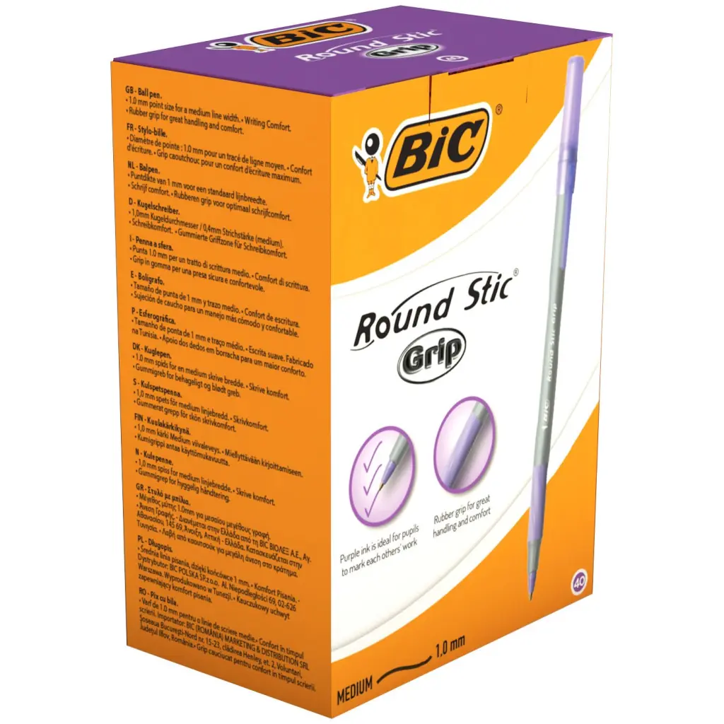BIC Round Stic Grip Purple Ballpoint Pen Pack of 40