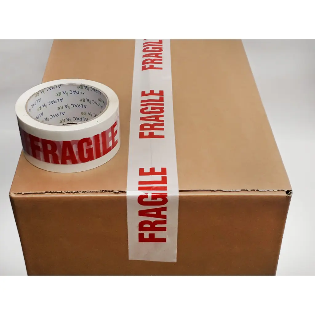 BOX of 72 Rolls Printed BOPP Tape FRAGILE 48mm  66m  38mu Red/ Wht TFB486638 - 12 Packs of 6 Per Box