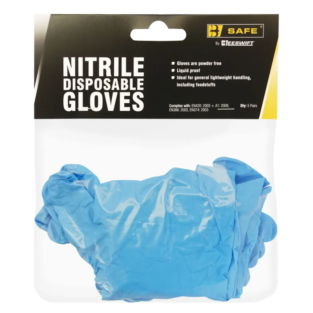 Beeswift B-Safe Nitrile Disposable Glove Pack Of 5 Pairs Blue XL (Pair)
