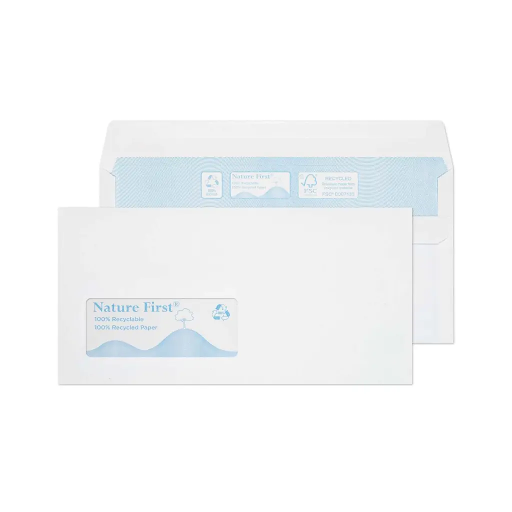Blake Environmental Nature First Recycled DL White Wallet Window Self Seal 90gsm 110x220mm BOX 1000