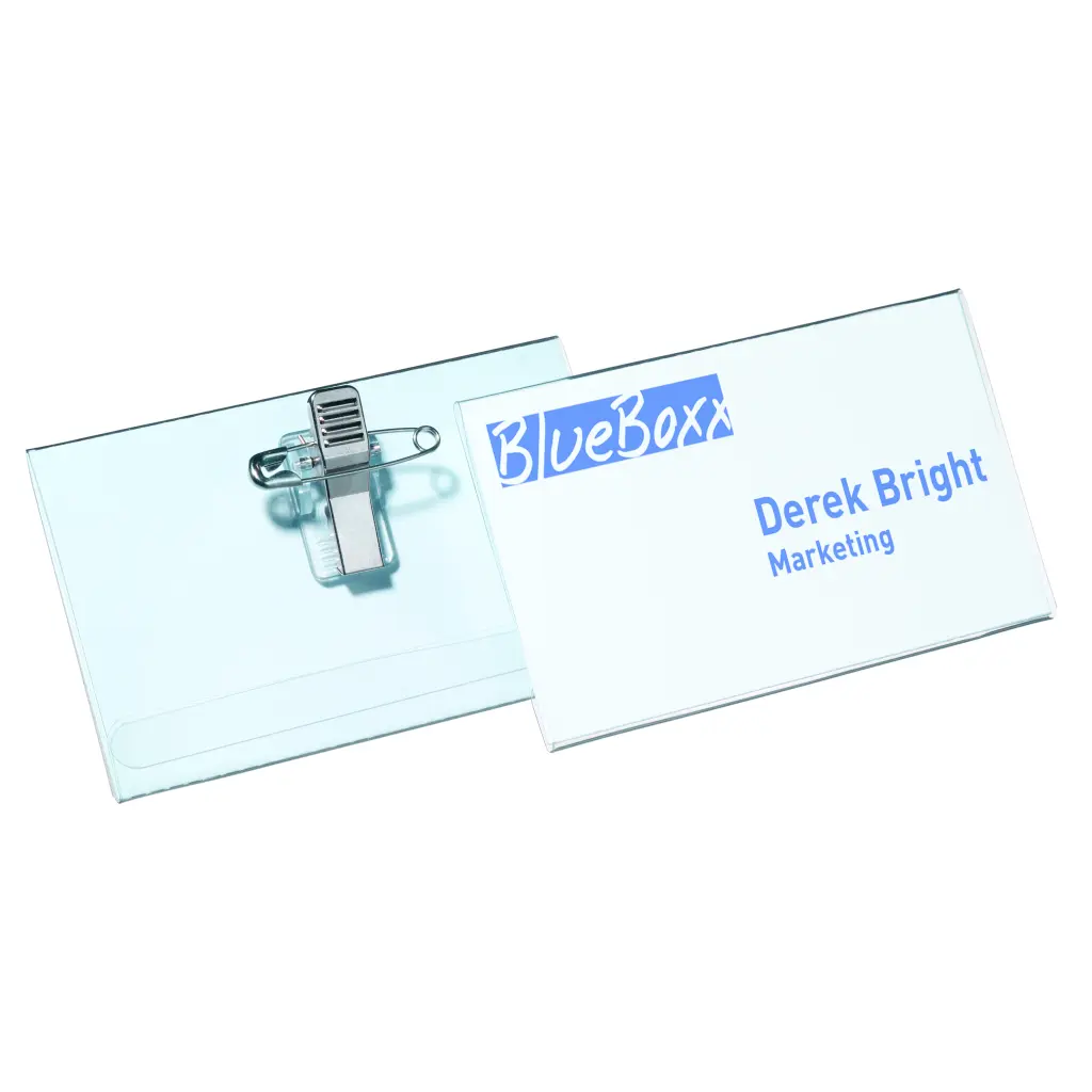 Durable Essential Clip & Pin Name Badge Holders + Inserts | 50 Pack | 54 x 90mm