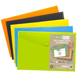 Eco Pack 5 A4+ 50% Recycled Colour Press Stud Wallets 