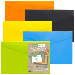 Eco Pack 5 A4+ 50% Recycled Colour Press Stud Wallets 