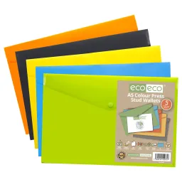 Eco Pack 5 A5 50% Recycled Colour Press Stud Wallets 