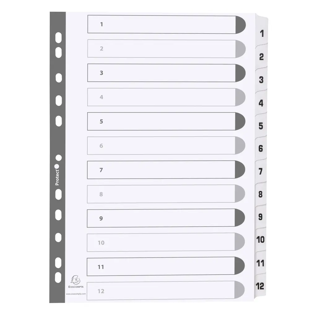 Exacompta Mylar Printed 160 GSM Indices A4 12 Part 1 to 12 Numbered Tabs