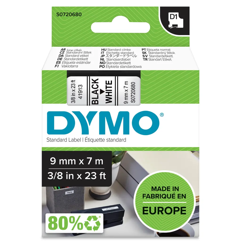 OEM DYMO 40913 (S0720680) Label Tape Black on White 9mm x 7m