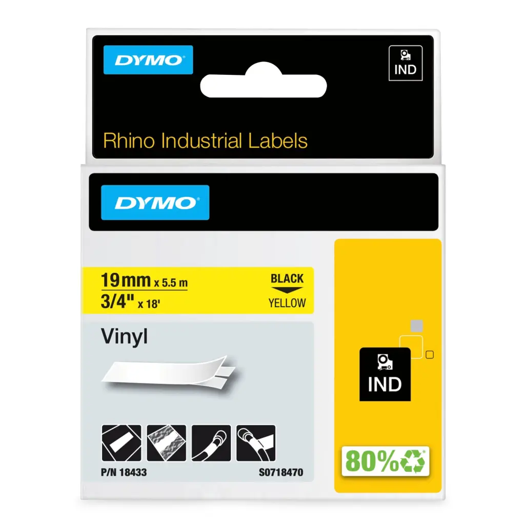 OEM Dymo 18433/S0718470 Ribbon Vinyl black on yellow 19mm x 5.5m for Dymo Rhino 6-19mm/24mm