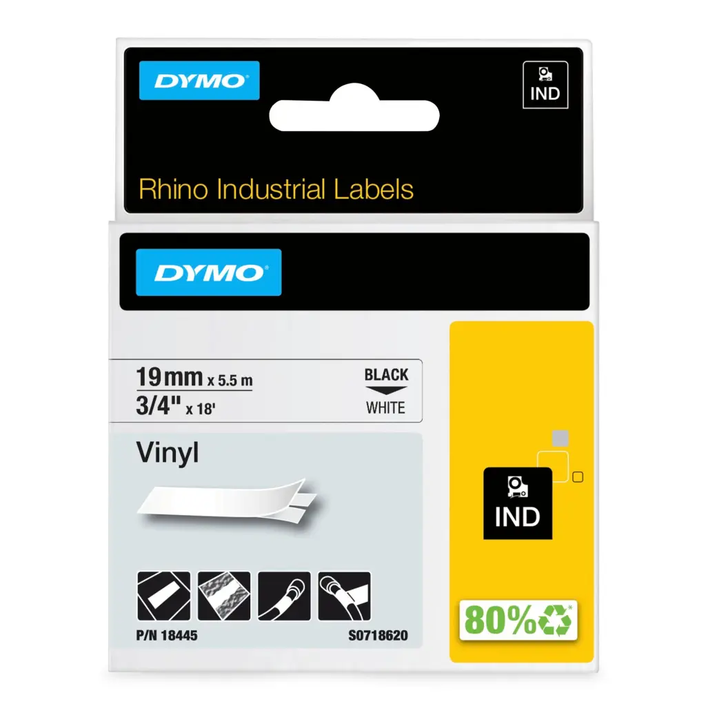 OEM Dymo 18445/S0718620 Ribbon Vinyl black on white 19mm x 5.5m for Dymo Rhino 6-19mm/24mm