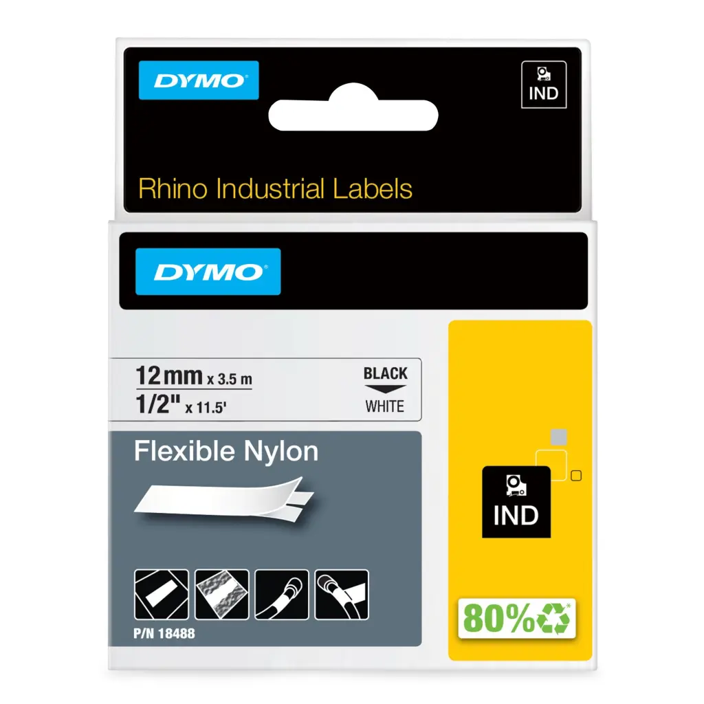 OEM Dymo 18488 Rhino Nylon Tape 12mm x 3.5m Black on White S0718100