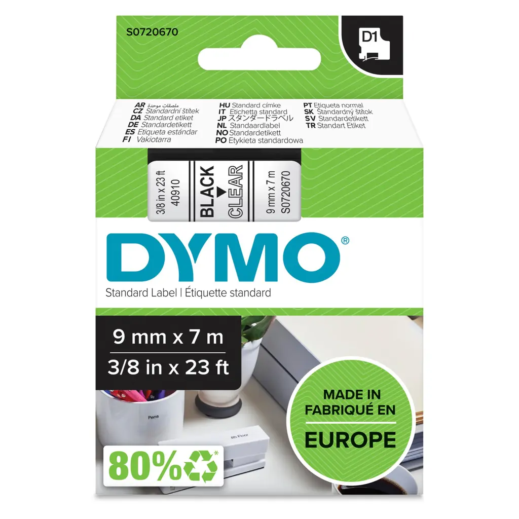 OEM Dymo 40910|S0720670 DirectLabel-etikettes black on Transparent 9mm x 7m for Dymo D1 6-19mm/24mm/9-12mm/9-19mm/400 Duo