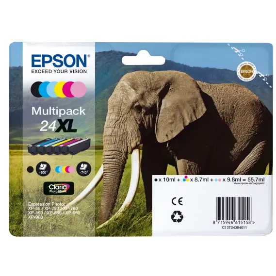 OEM Epson C13T24284011 (24) Ink Cartridge Multi Pack BkCMYLCLM 360 Pages 1x240 Pages + 5x360 Pages 1x5.1ml + 5x4.6ml Pack=6