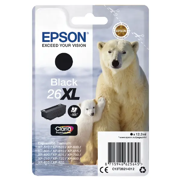 OEM Epson C13T26214012 (26XL) Ink Cartridge Black High Capacity XL 500 Pages 12.2ml