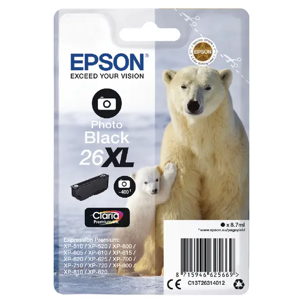 OEM Epson C13T26314012 (26XL) Ink Cartridge Foto Black High Capacity XL 400 Pages 400 Photos 8.7ml