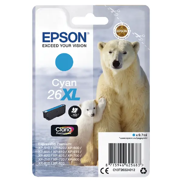 OEM Epson C13T26324012 (26XL) Ink Cartridge Cyan High Capacity XL 700 Pages 9.7ml