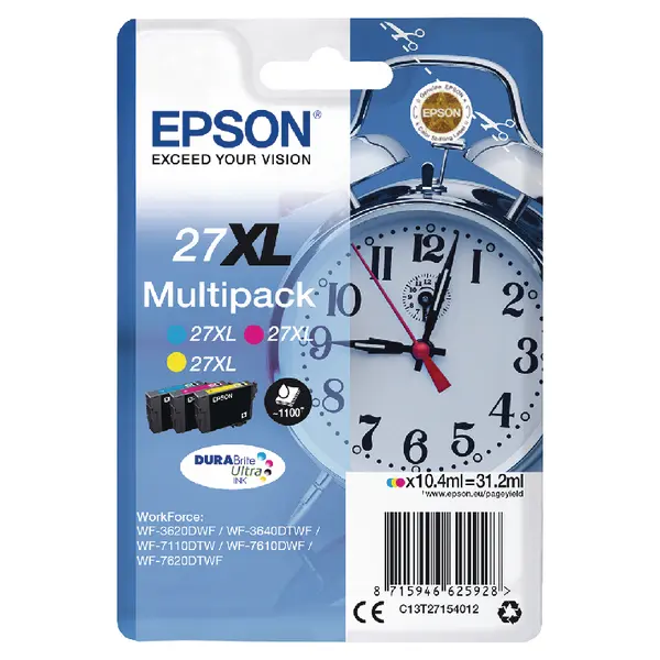 OEM Epson C13T27154012 (27XL) Ink Cartridge Multi Pack CMY High Capacity 3x1.1K Pages 10.4ml 
