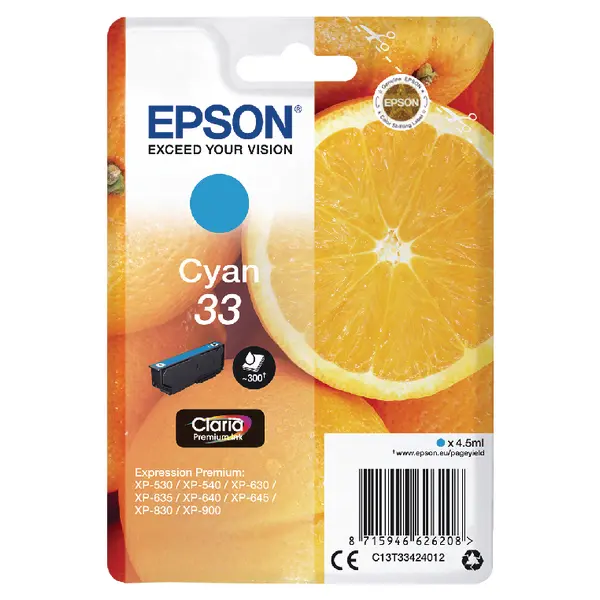 OEM Epson C13T33424012 (33) Ink Cartridge Cyan 300 Pages 4.5ml