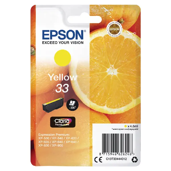 OEM Epson C13T33444012 (33) Ink Cartridge Yellow 300 Pages 4.5ml
