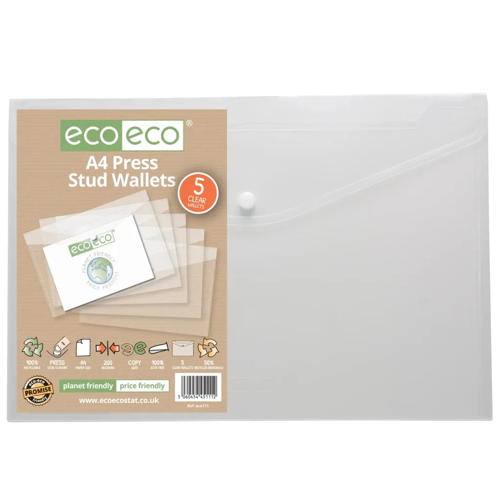 Pack 5 A4 50% Recycled Clear Press Stud Wallets (1)