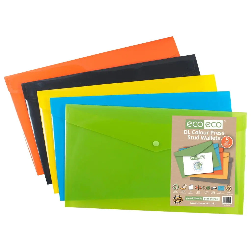 Pack 5 DL 50% Recycled Colour Press Stud Wallets (1)