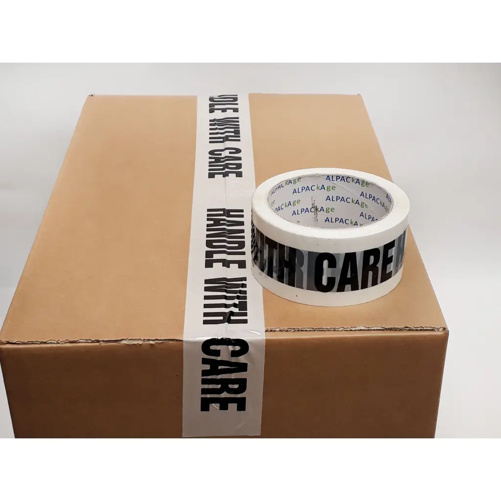 Pk 6 Printed BOPP Tape HANDLE WITH CARE 48mm  66m  38mu Blk/ Wht THP486638