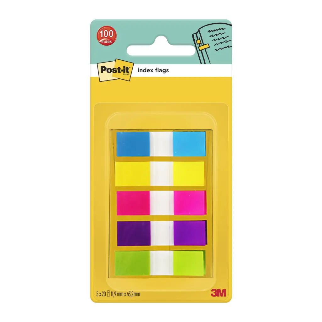 Post-it® Index Flags Small Assorted Neon Colours 11.9 mm x 43.2 mm 100 Flags/Dispenser 1 Dispenser/Pack