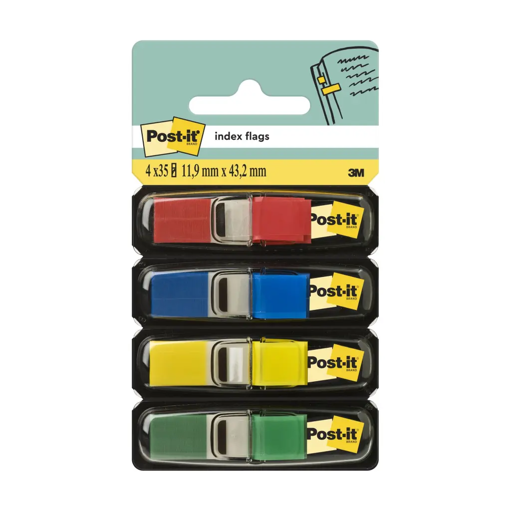 Post-it® Index Flags Small Yellow Red Blue and Green 11.9 mm x 43.2 mm 35 Flags/Dispenser 4 Dispensers/Pack