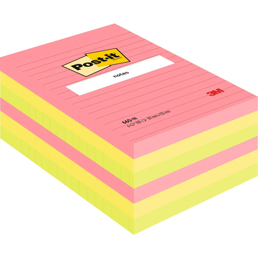 Post-it® Large Notes Assorted Neon Colours Lined 101 mm x 152 mm 100 Sheets/Pad 6 Pads/Pack 100% PEFC SGSCH-PEFC-COC-110078