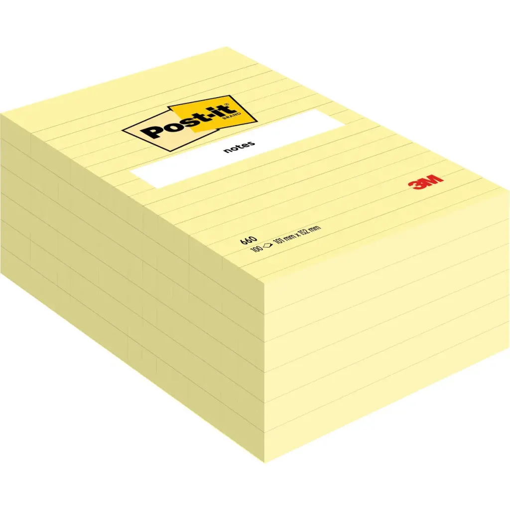 Post-it® Large Notes Canary Yellow Lined 101 mm x 152 mm 100 Sheets/Pad 6 Pads/Pack 100% PEFC SGSCH-PEFC-COC-110078