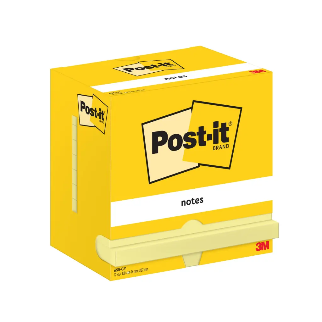 Post-it® Notes Canary Yellow 76 mm x 127 mm 100 Sheets/Pad 12 Pads/Pack Cardboard Pack 100% PEFC SGSCH-PEFC-COC-110078