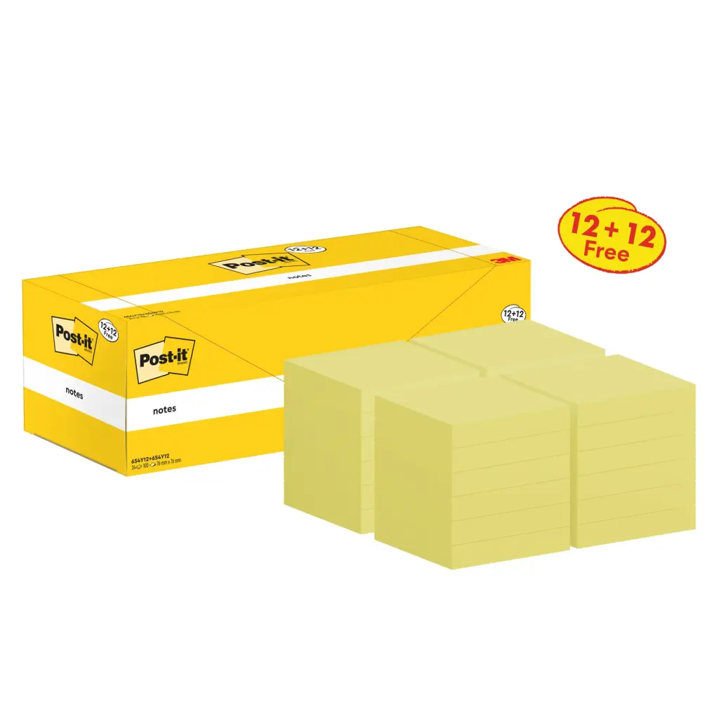 Post-it® Notes Canary Yellow 76 mm x 76 mm Promo Pack 100 Sheets/Pad 12 + 12 FREE Pads/Pack Cardboard Pack 100% PEFC SGSCH-PEFC-COC-110078