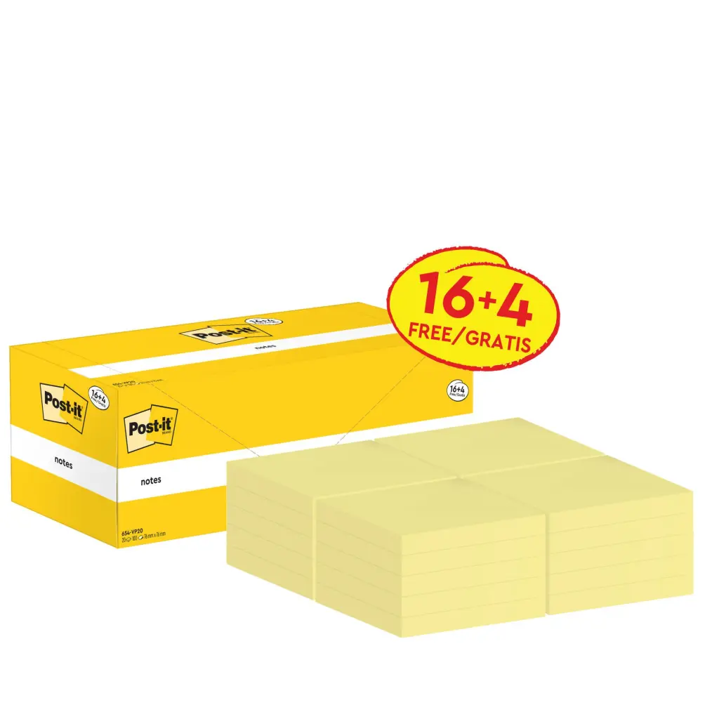 Post-it® Notes Canary Yellow 76 mm x 76 mm Promo Pack 100 Sheets/Pad 16 + 4 FREE Pads/Pack Cardboard Pack 100% PEFC SGSCH-PEFC-COC-110078