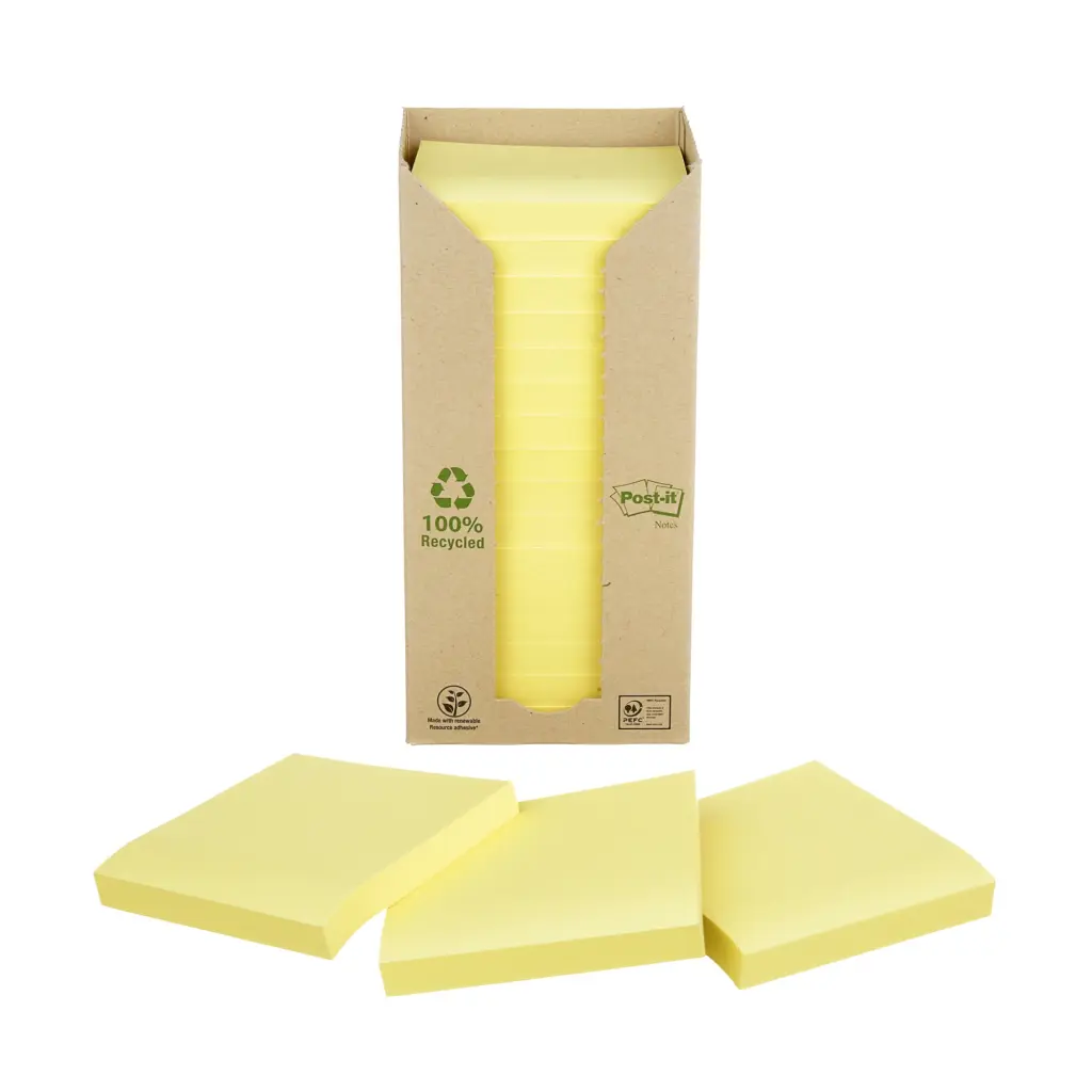 Post-it® Recycled Notes Canary Yellow 76 mm x 76 mm 100 Sheets/Pad 16 Pads/Pack 100% PEFC Recycled SGSCH-PEFC-COC-110078