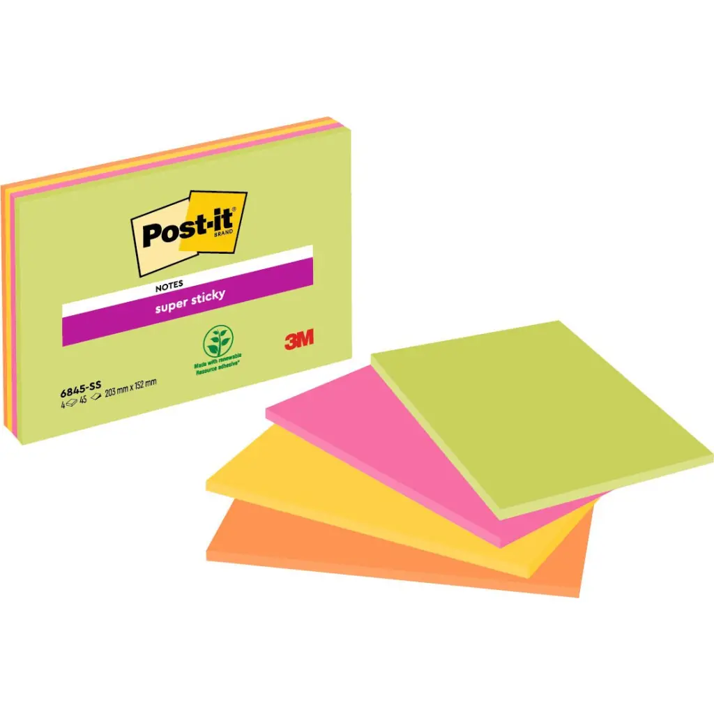 Post-it® Super Sticky Meeting Notes Assorted Neon Colours 203 mm x 152 mm 45 Sheets/Pad 4 Pads/Pack 100% PEFC SGSCH-PEFC-COC-110078