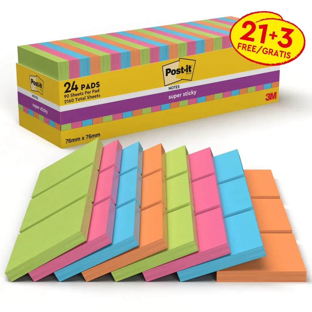 Post-it® Super Sticky Notes Assorted Colours 76 mm x 76 mm Promo Pack 90 Sheets/Pad 21 + 3 FREE Pads/Pack 100% PEFC SGSCH-PEFC-COC-110078