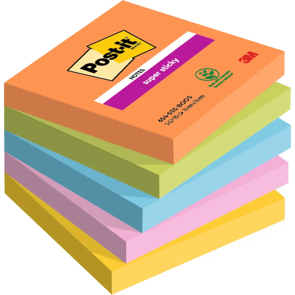 Post-it® Super Sticky Notes Boost Colour Collection 76 mm x 76 mm 90 Sheets/Pad 5 Pads/Pack 100% PEFC SGSCH-PEFC-COC-110078