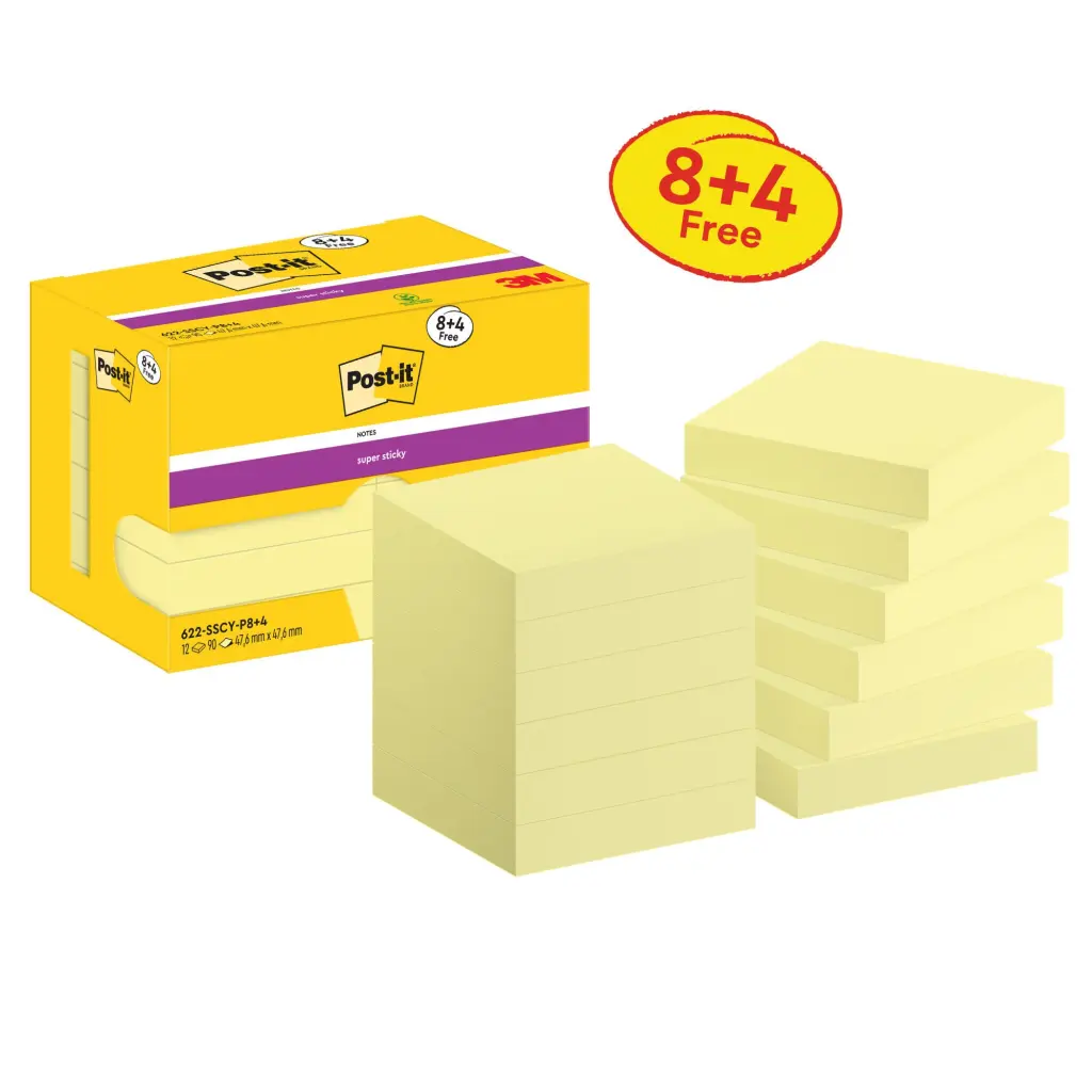 Post-it® Super Sticky Notes Canary Yellow 47.6 mm x 47.6 mm Promo Pack 90 Sheets/Pad 8 + 4 FREE Pads/Pack Cardboard Pack 100% PEFC SGSCH-PEFC-C
