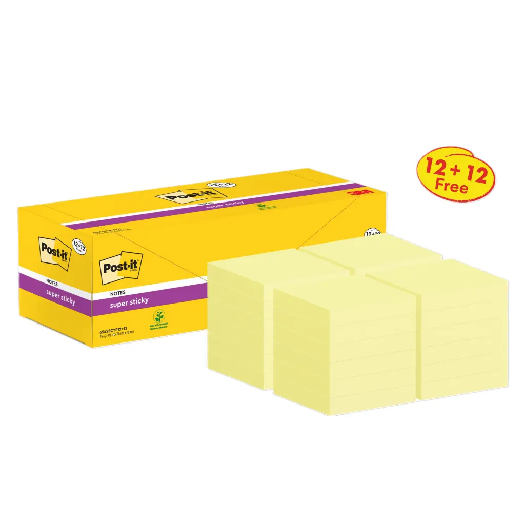 Post-it® Super Sticky Notes Canary Yellow 76 mm x 76 mm Promo Pack 90 Sheets/Pad 12 + 12 FREE Pads/Pack Cardboard Pack 100% PEFC SGSCH-PEFC-COC