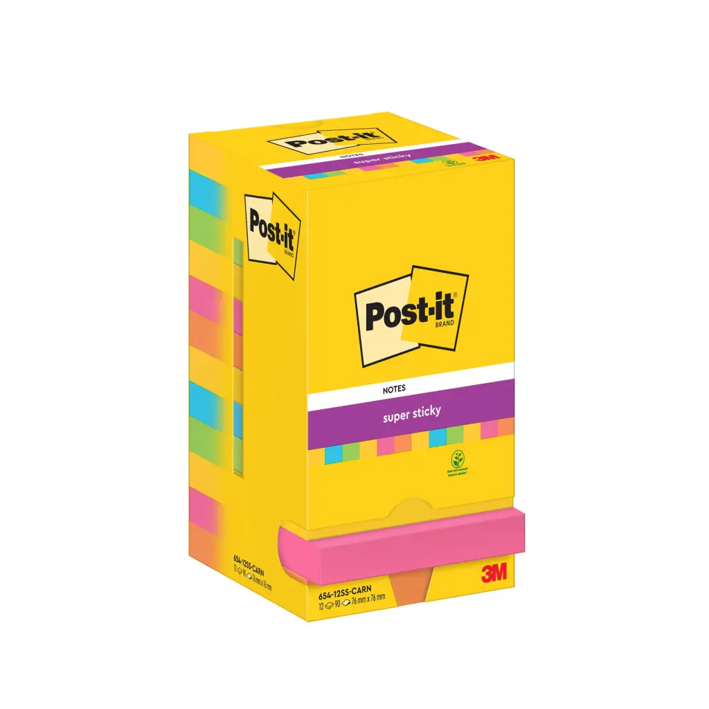 Post-it® Super Sticky Notes Carnival Colour Collection 76 mm x 76 mm 90 Sheets/Pad 12 Pads/Pack Cardboard Pack 100% PEFC SGSCH-PEFC-COC-110078
