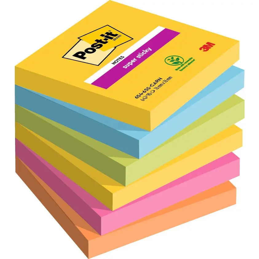 Post-it® Super Sticky Notes Carnival Colour Collection 76 mm x 76 mm 90 Sheets/Pad 6 Pads/Pack 100% PEFC SGSCH-PEFC-COC-110078