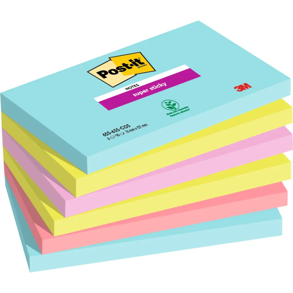 Post-it® Super Sticky Notes Cosmic Colour Collection 76 mm x 127 mm 90 Sheets/Pad 6 Pads/Pack 100% PEFC SGSCH-PEFC-COC-110078