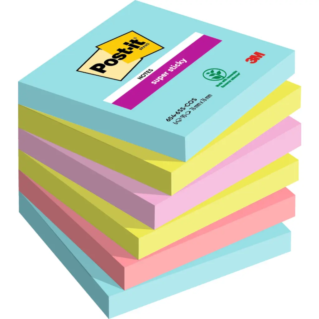 Post-it® Super Sticky Notes Cosmic Colour Collection 76 mm x 76 mm 90 Sheets/Pad 6 Pads/Pack 100% PEFC SGSCH-PEFC-COC-110078