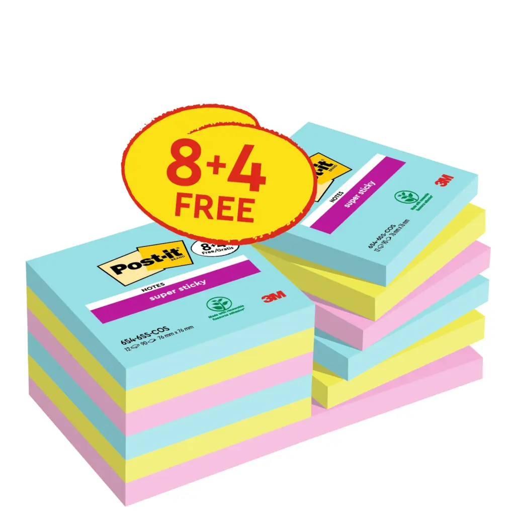Post-it® Super Sticky Notes Cosmic Colour Collection 76 mm x 76 mm Promo Pack 90 Sheets/Pad 8 + 4 FREE Pads/Pack Cardboard Pack 100% PEFC SGSCH-PEFC-COC-110078
