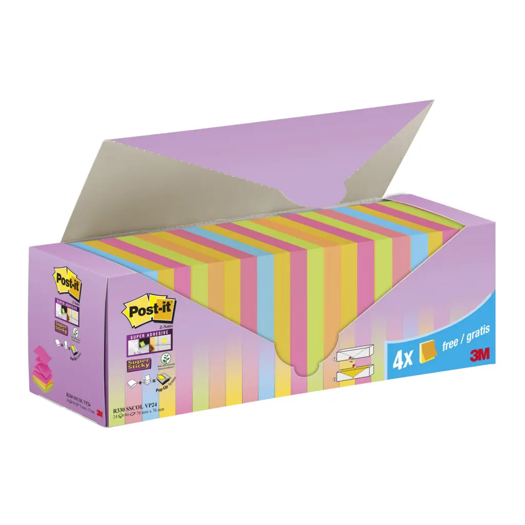 Post-it® Super Sticky Z-Notes Assorted Colours 76 mm x 76 mm Promo Pack 90 Sheets/Pad 20 + 4 FREE Pads/Pack Cardboard Pack 100% PEFC SGSCH-PEFC