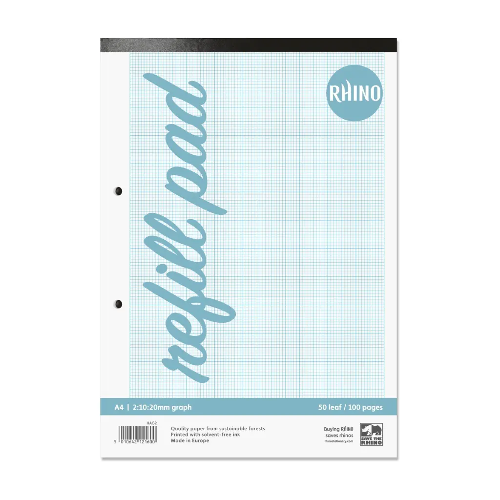 RHINO A4 Refill Pad 50 Leaf, 2:10:20 Graph Ruling and Blank Alternative Pages (Pack of 6)