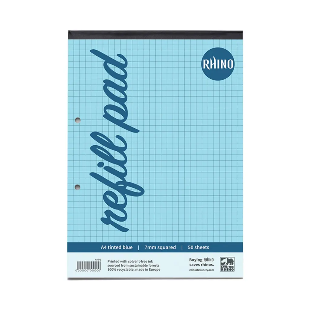RHINO A4 Blue Paper Refill Pad 100 Page 7mm Squared (Pack of 6)