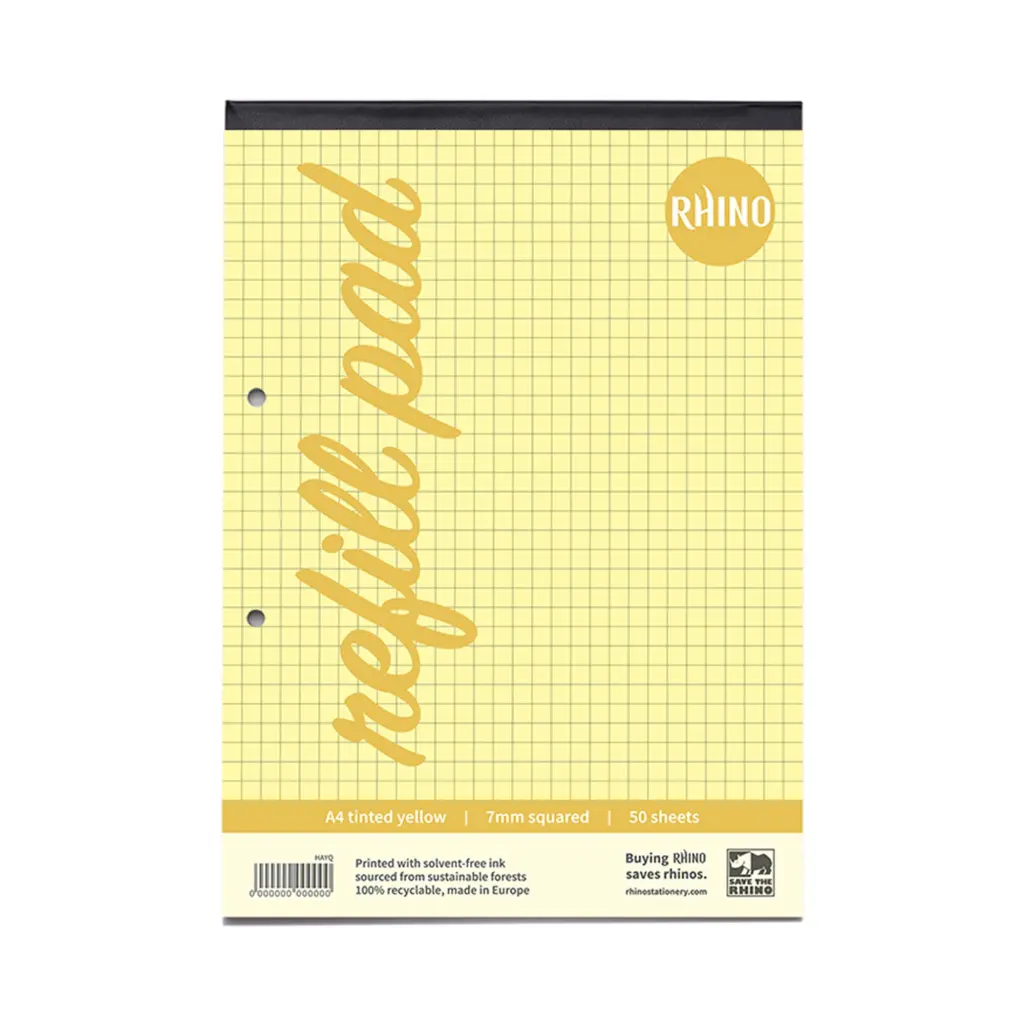 RHINO A4 Yellow Paper Refill Pad 100 Page 7mm Squared (Pack of 6)