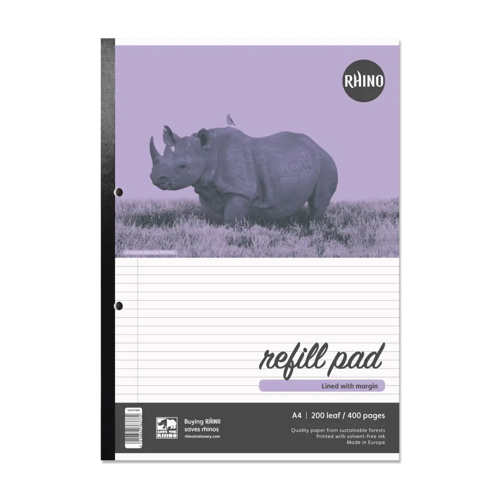 RHINO Office A4 Refill Pad Sidebound 400 Pages / 200 Leaf 6mm Lined with Margin (Pack of 5)