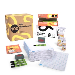 Show-me Bulk Box of 100 x A4 Gridded/Plain Whiteboards, pens and erasers plus 2 free cleaners.