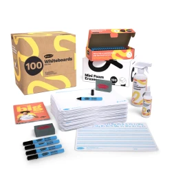 Show-me Bulk Box of 100 x A4 Handwriting whiteboards, pens and erasers plus 2 free cleaners.
